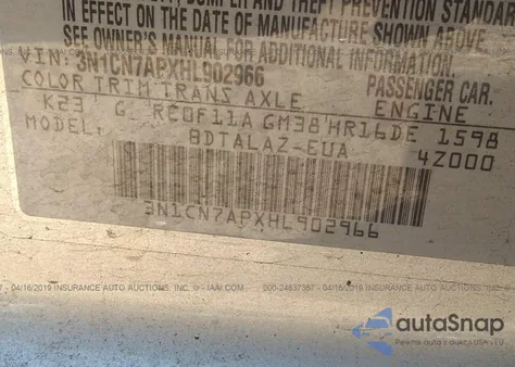 2017 Nissan Versa Sedan S Plus z USA, uszkodzony, nr VIN 3N1CN7APXHL902966